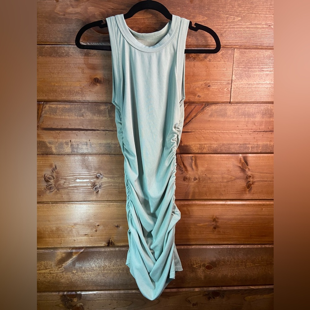Sleeveless Ruched Ribbed Dress in Light Mint Green Small